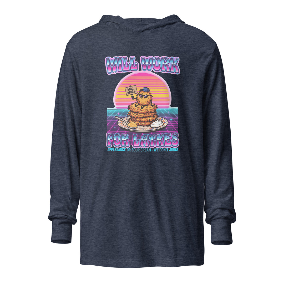Will Work for Latkes 80s Jewish pride long sleeve shirt in Heather Navy - detail view
