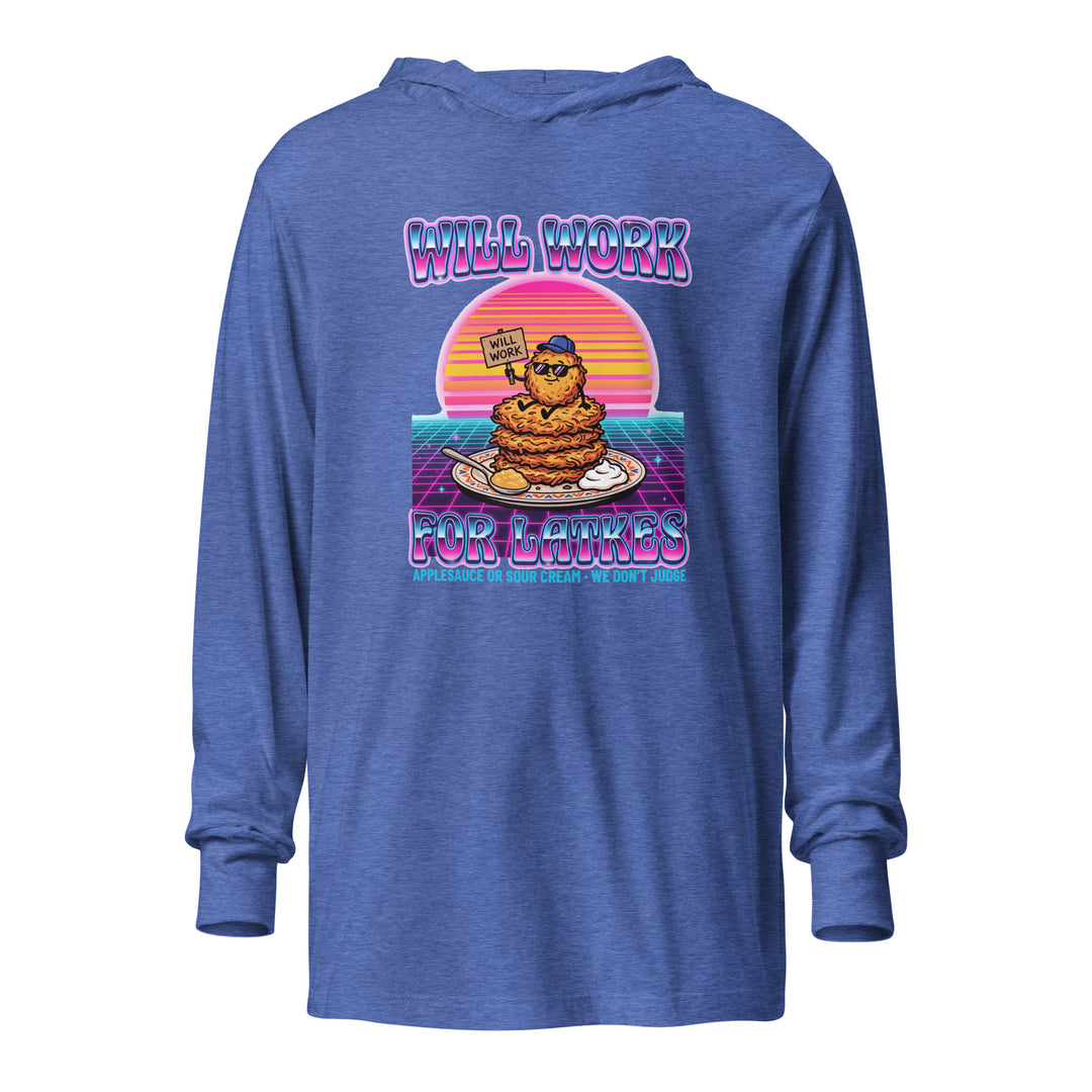 Will Work for Latkes 80s Jewish pride long sleeve shirt in Heather True Royal - flat lay