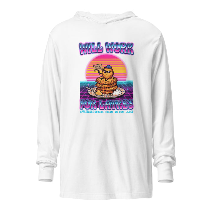 Will Work for Latkes 80s Jewish pride long sleeve shirt in White - lifestyle shot