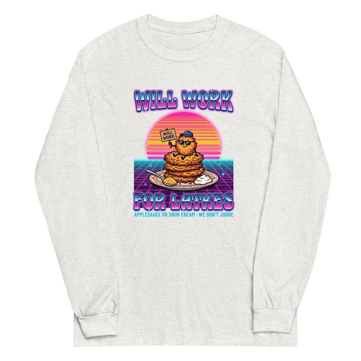 Will Work for Latkes 80s Jewish pride men’s long sleeve shirt in Ash - detail view