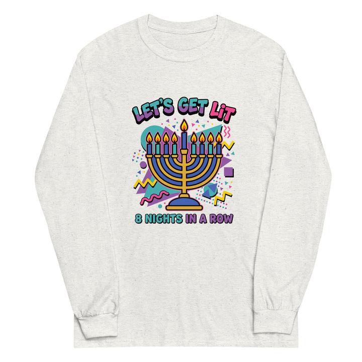 Lets Get Lit 90s Jewish pride men’s long sleeve shirt in Ash - close-up