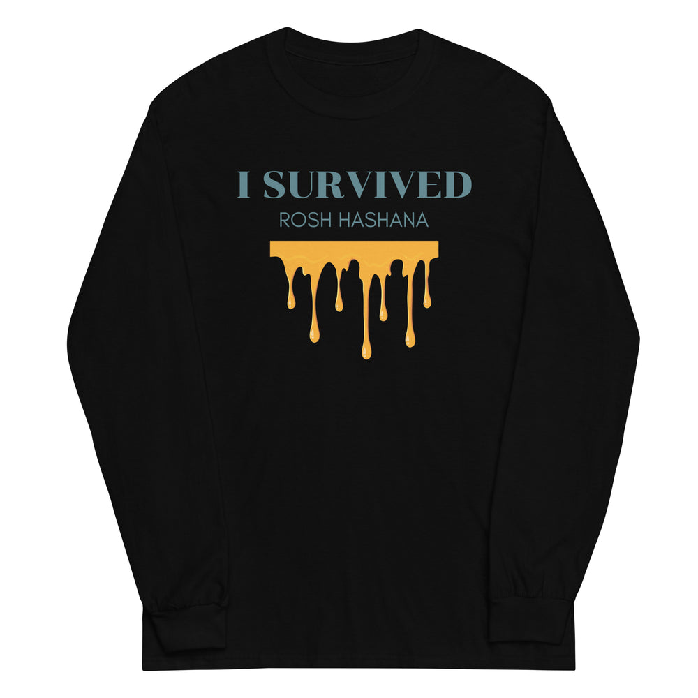 I Survived Rosh HaShana Jewish pride men’s long sleeve shirt in Black - back view