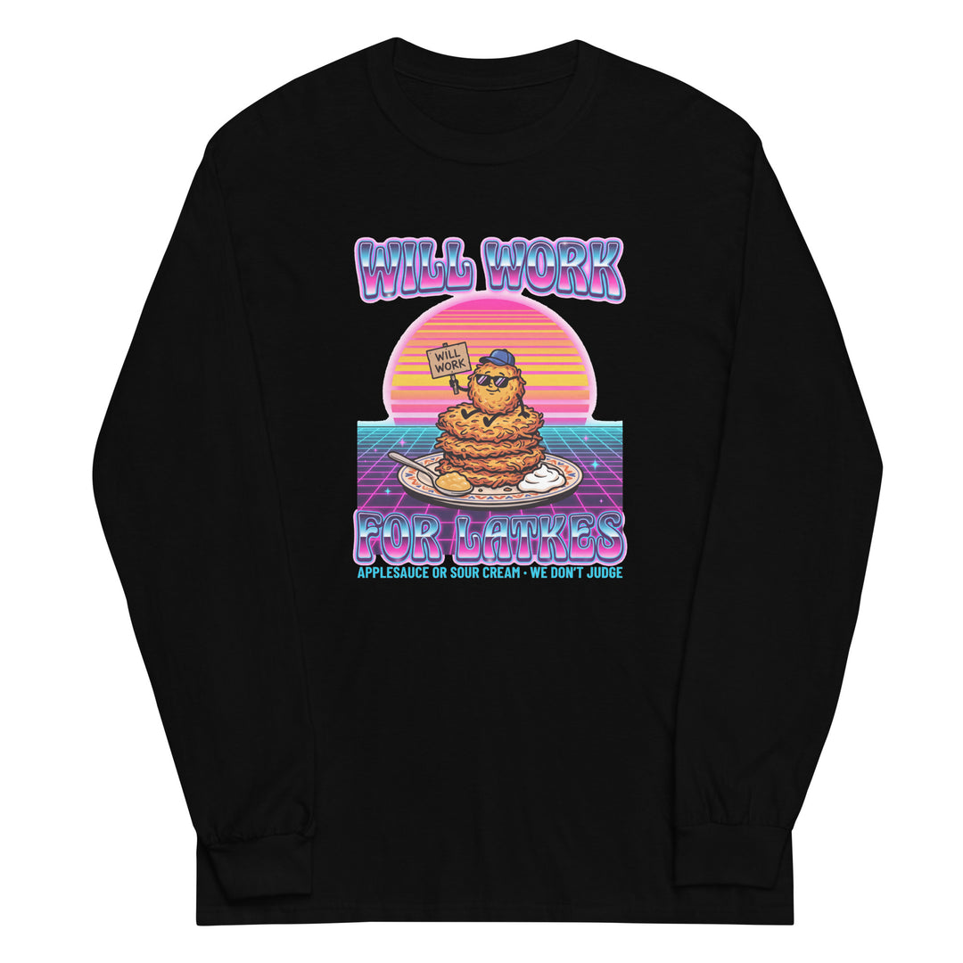 Will Work for Latkes 80s Jewish pride men’s long sleeve shirt in Black - front view