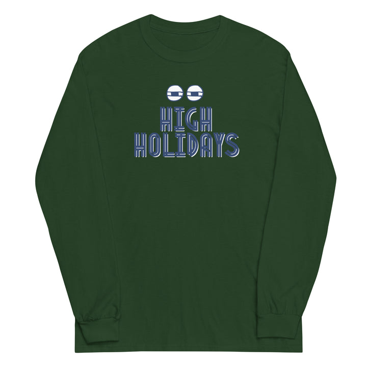 High Holidays Jewish pride men’s long sleeve shirt in Forest Green - close-up