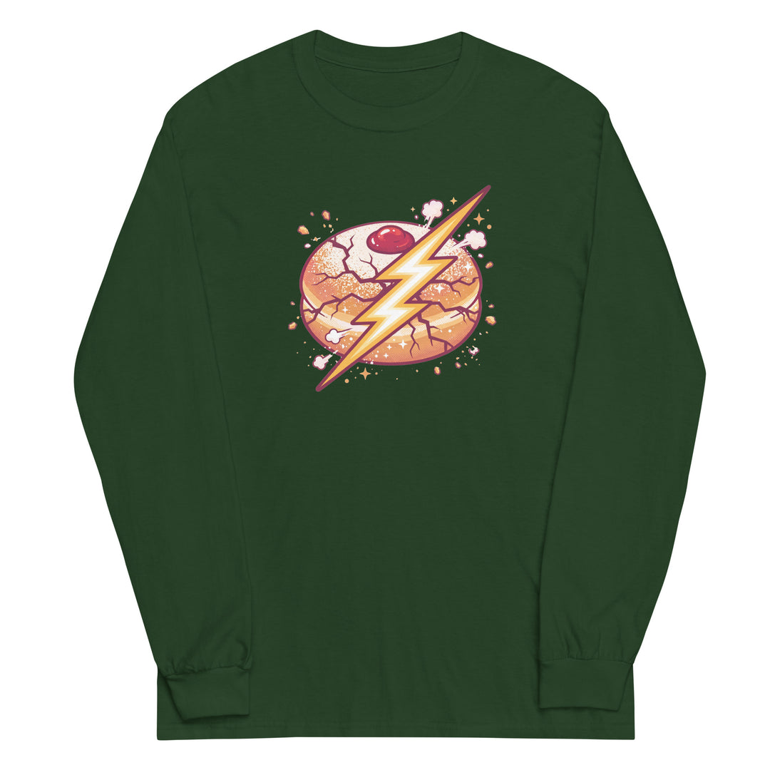 Sufganiyah Lightning Jewish pride men’s long sleeve shirt in Forest Green - close-up