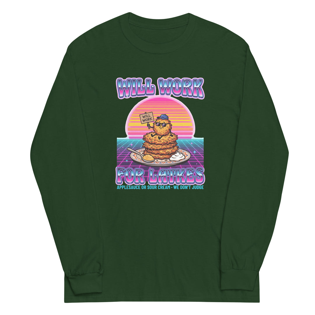 Will Work for Latkes 80s Jewish pride men’s long sleeve shirt in Forest Green - close-up