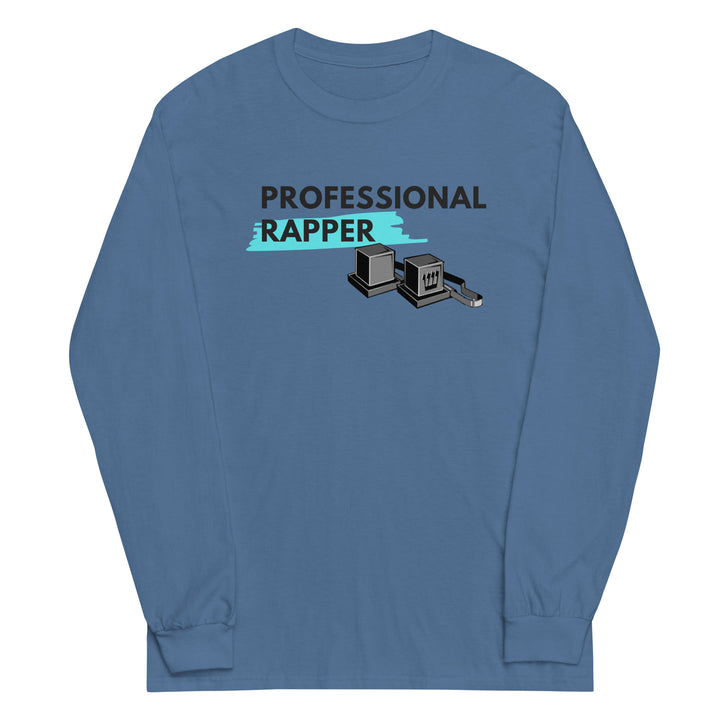 Professional Rapper Jewish pride men’s long sleeve shirt in Indigo Blue - close-up