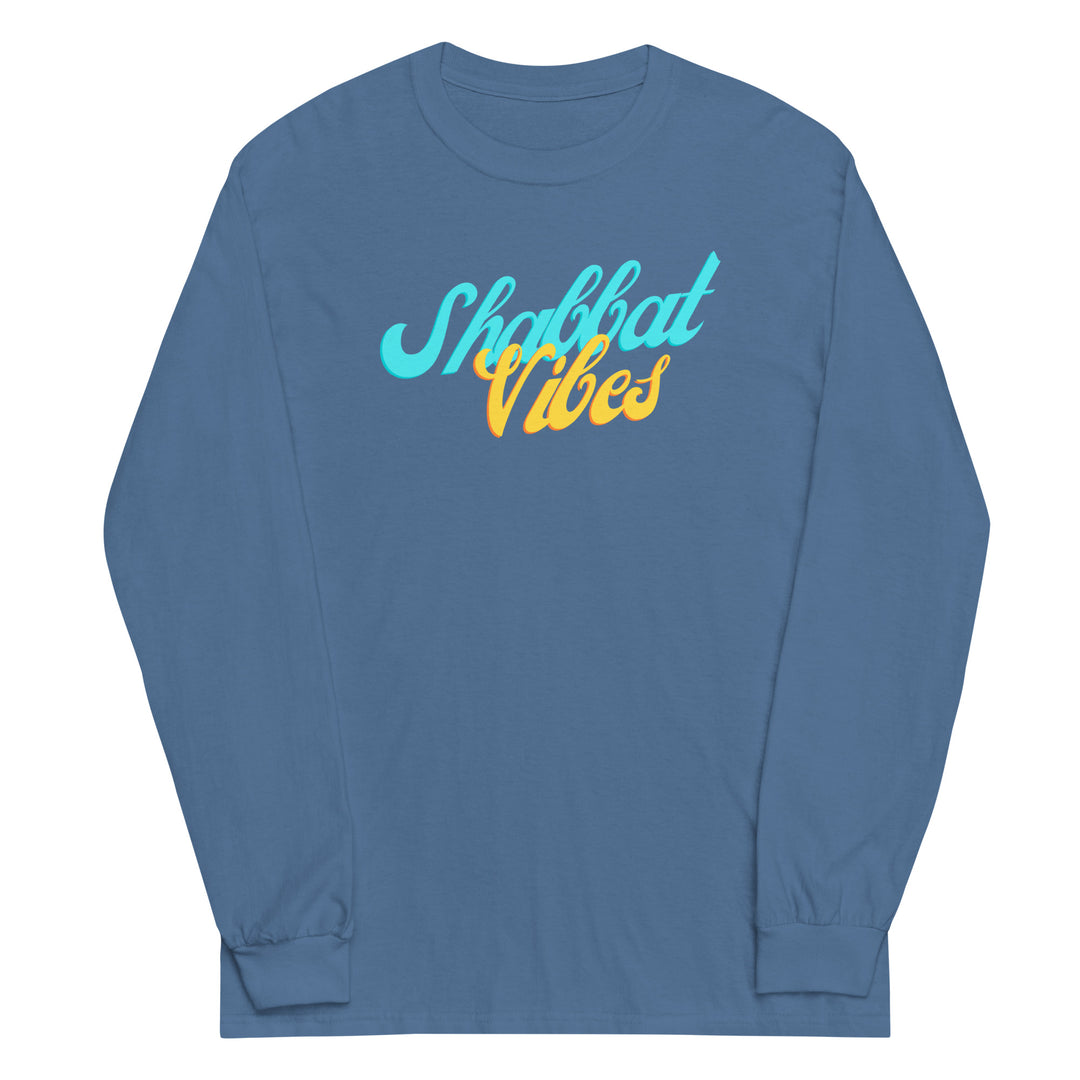 Shabbat Vibes Jewish pride men’s long sleeve shirt in Indigo Blue - folded view