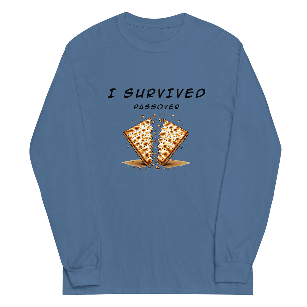 Passover Jewish pride men’s long sleeve shirt in Indigo Blue - back view