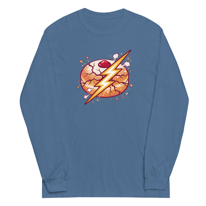 Sufganiyah Lightning Jewish pride men’s long sleeve shirt in Indigo Blue - folded view