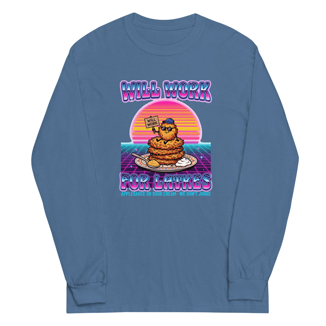 Will Work for Latkes 80s Jewish pride men’s long sleeve shirt in Indigo Blue - side view