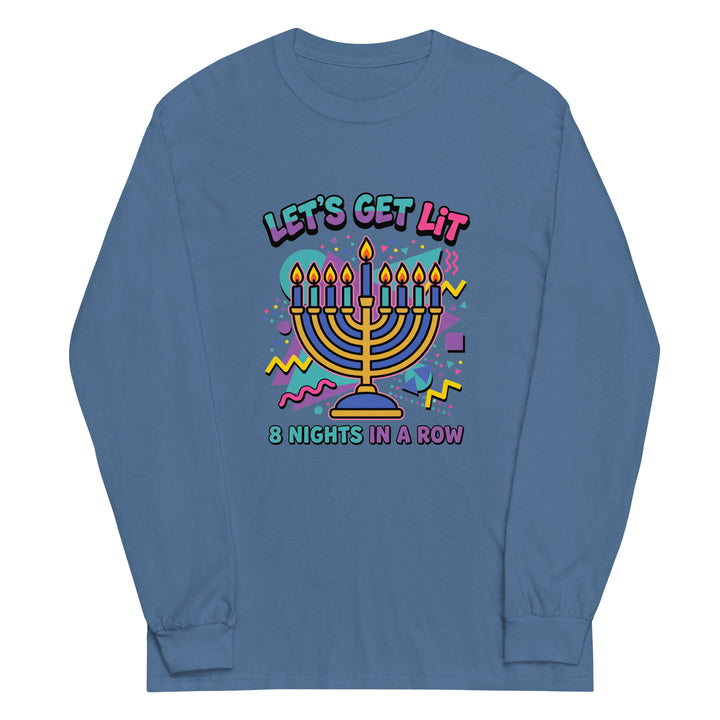 Lets Get Lit 90s Jewish pride men’s long sleeve shirt in Indigo Blue - lifestyle shot