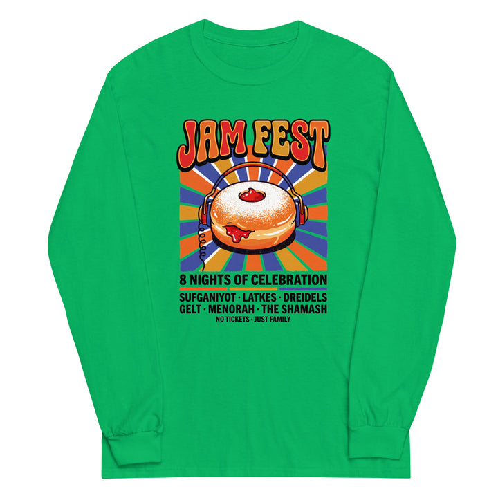Jam Fest 8 Nights Jewish pride men’s long sleeve shirt in Irish Green - front view