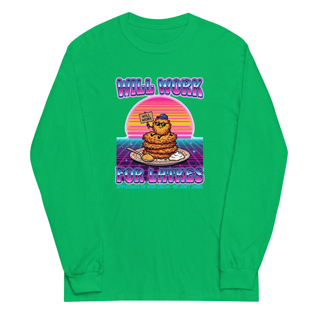 Will Work for Latkes 80s Jewish pride men’s long sleeve shirt in Irish Green - folded view