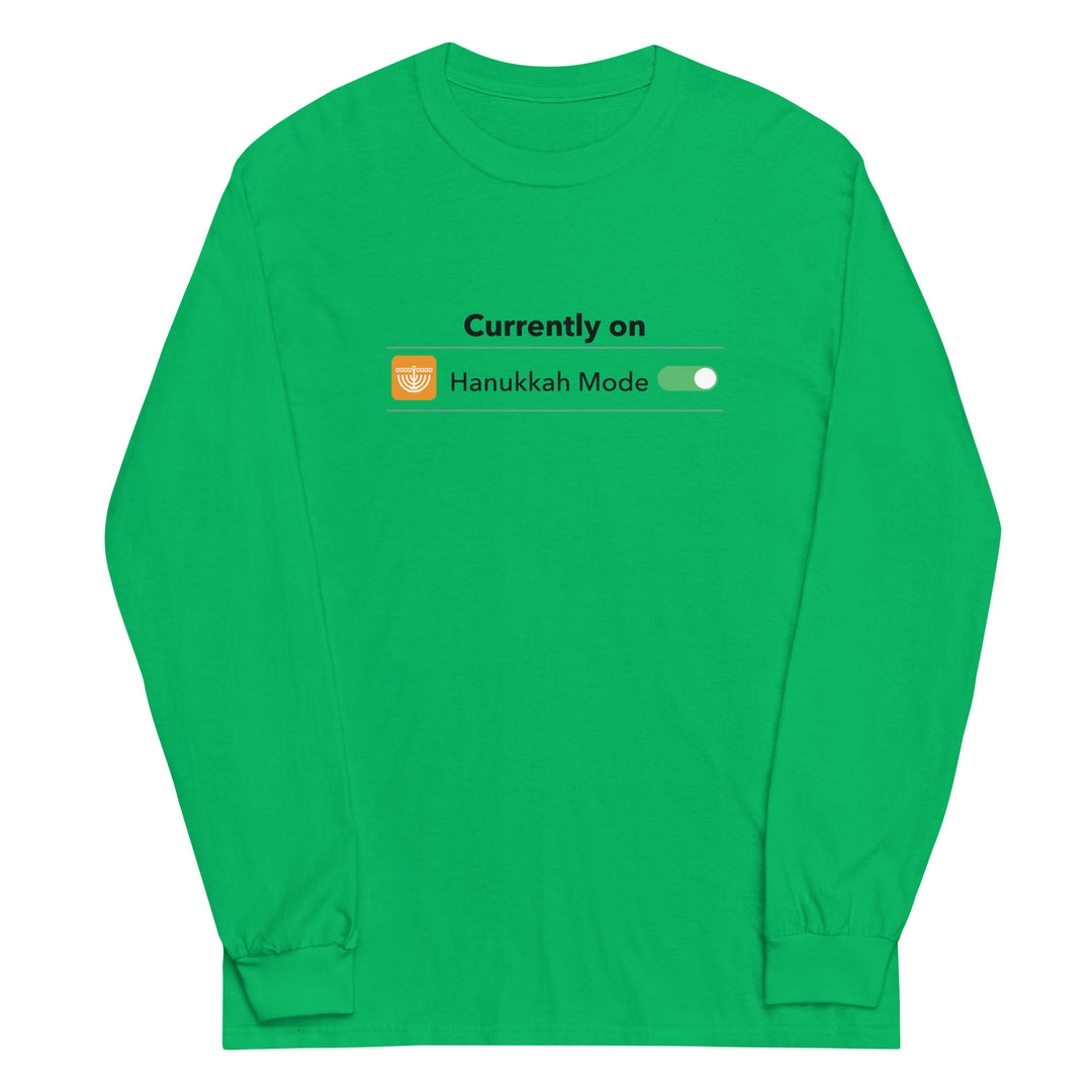 Hanukkah Mode Jewish pride men’s long sleeve shirt in Irish Green - close-up