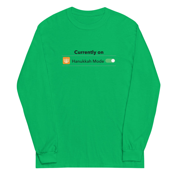 Hanukkah Mode Jewish pride men’s long sleeve shirt in Irish Green - close-up