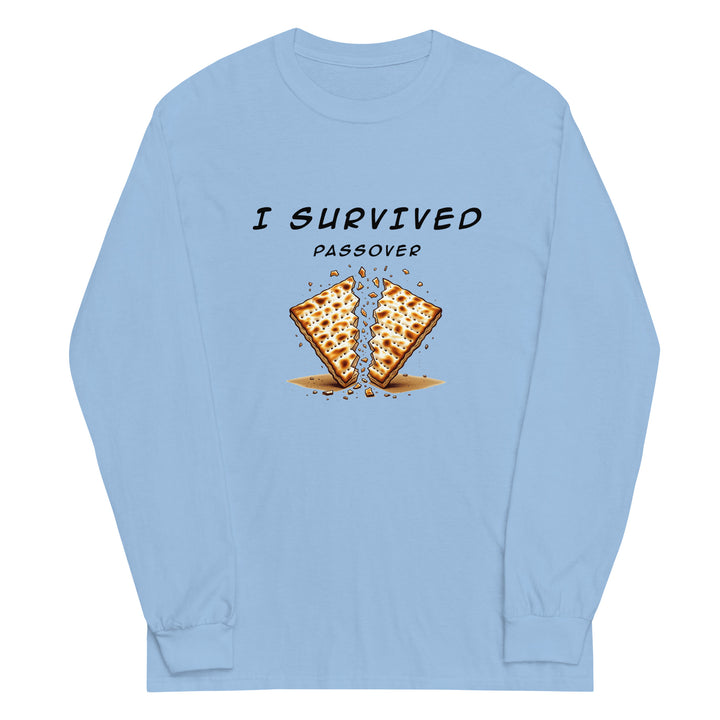 Passover Jewish pride men’s long sleeve shirt in Light Blue - detail view