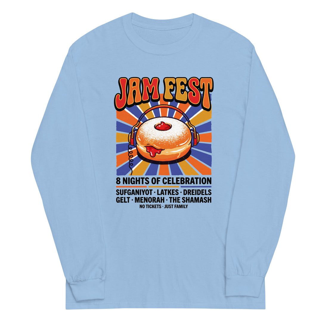 Jam Fest 8 Nights Jewish pride men’s long sleeve shirt in Light Blue - flat lay