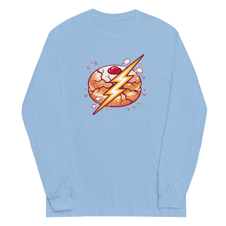 Sufganiyah Lightning Jewish pride men’s long sleeve shirt in Light Blue - detail view
