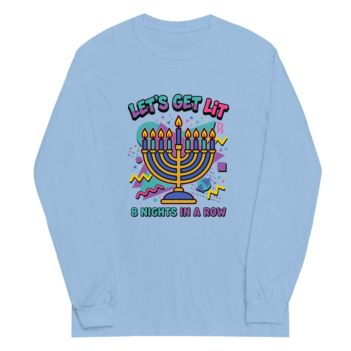 Lets Get Lit 90s Jewish pride men’s long sleeve shirt in Light Blue - front view
