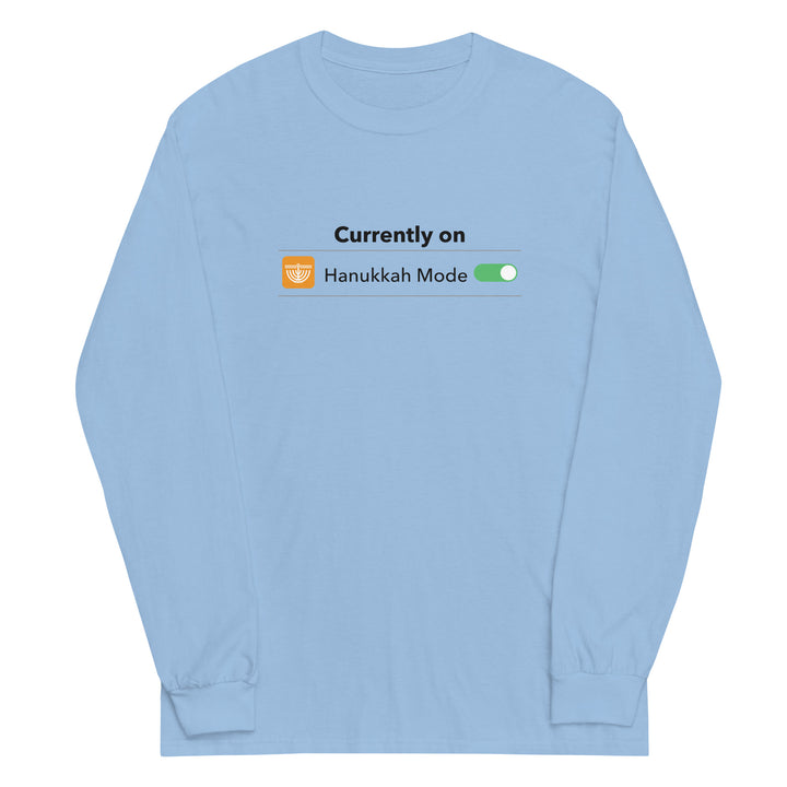 Hanukkah Mode Jewish pride men’s long sleeve shirt in Light Blue - lifestyle shot