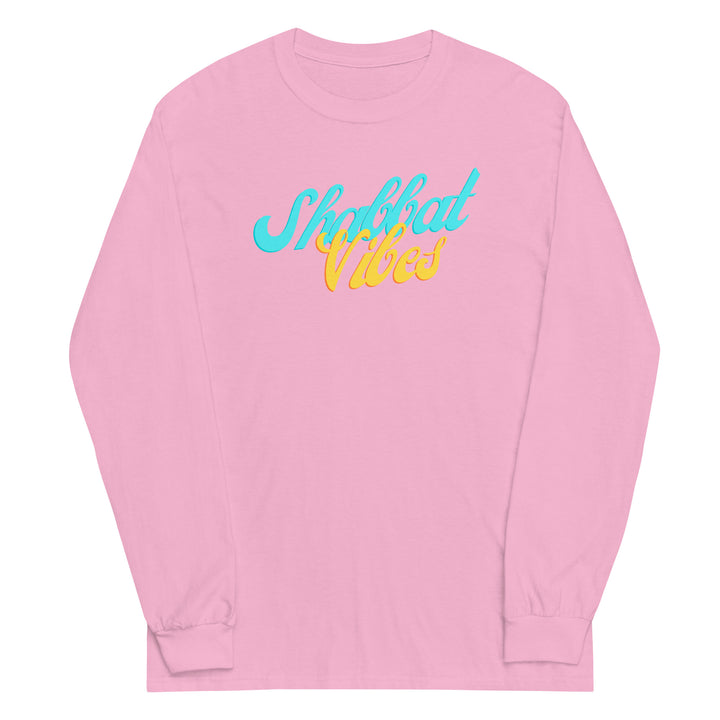 Shabbat Vibes Jewish pride men’s long sleeve shirt in Light Pink - close-up