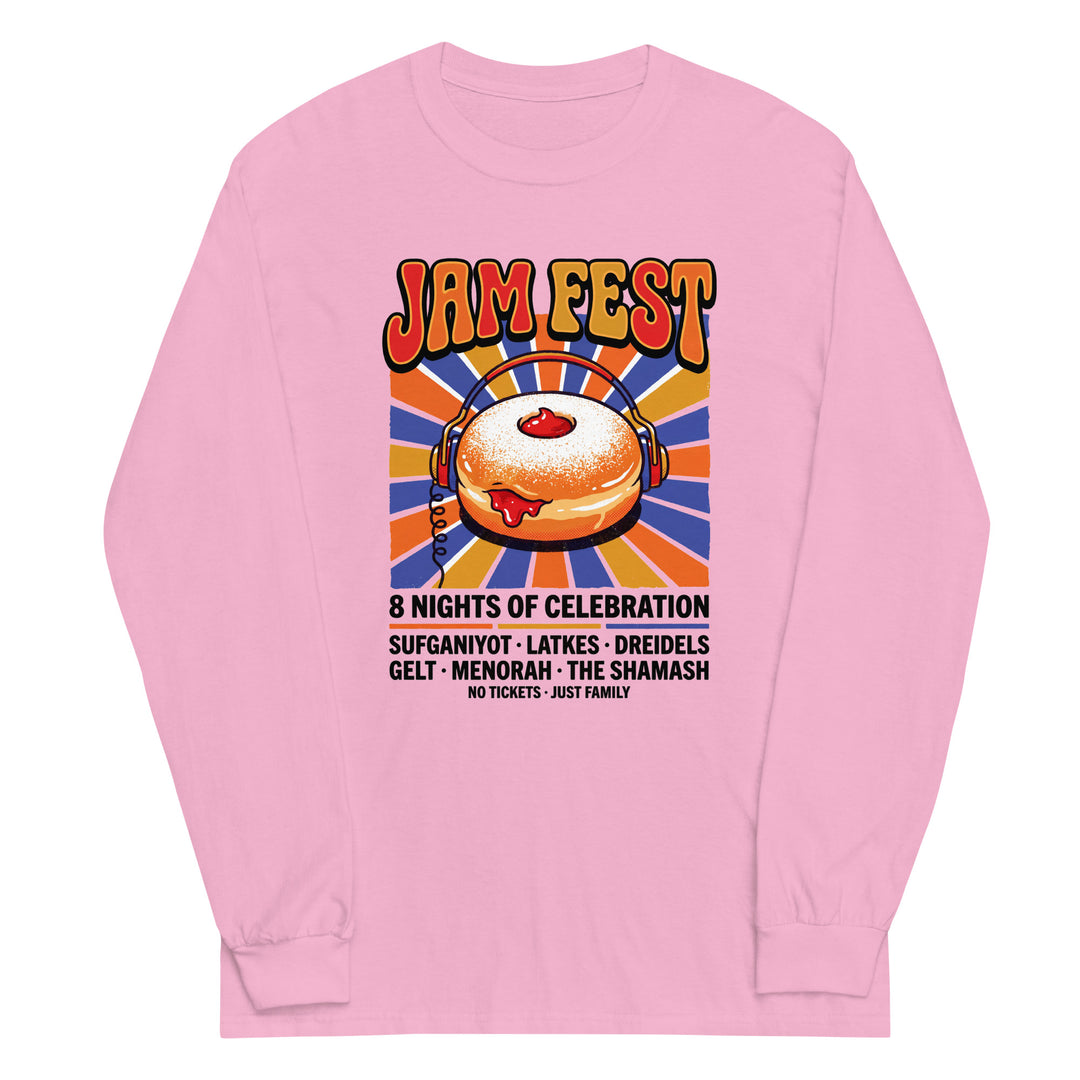 Jam Fest 8 Nights Jewish pride men’s long sleeve shirt in Light Pink - side view