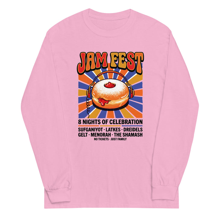 Jam Fest 8 Nights Jewish pride men’s long sleeve shirt in Light Pink - side view