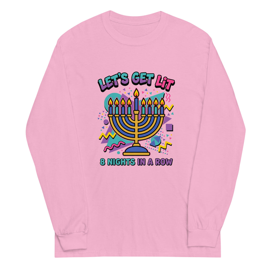 Lets Get Lit 90s Jewish pride men’s long sleeve shirt in Light Pink - detail view