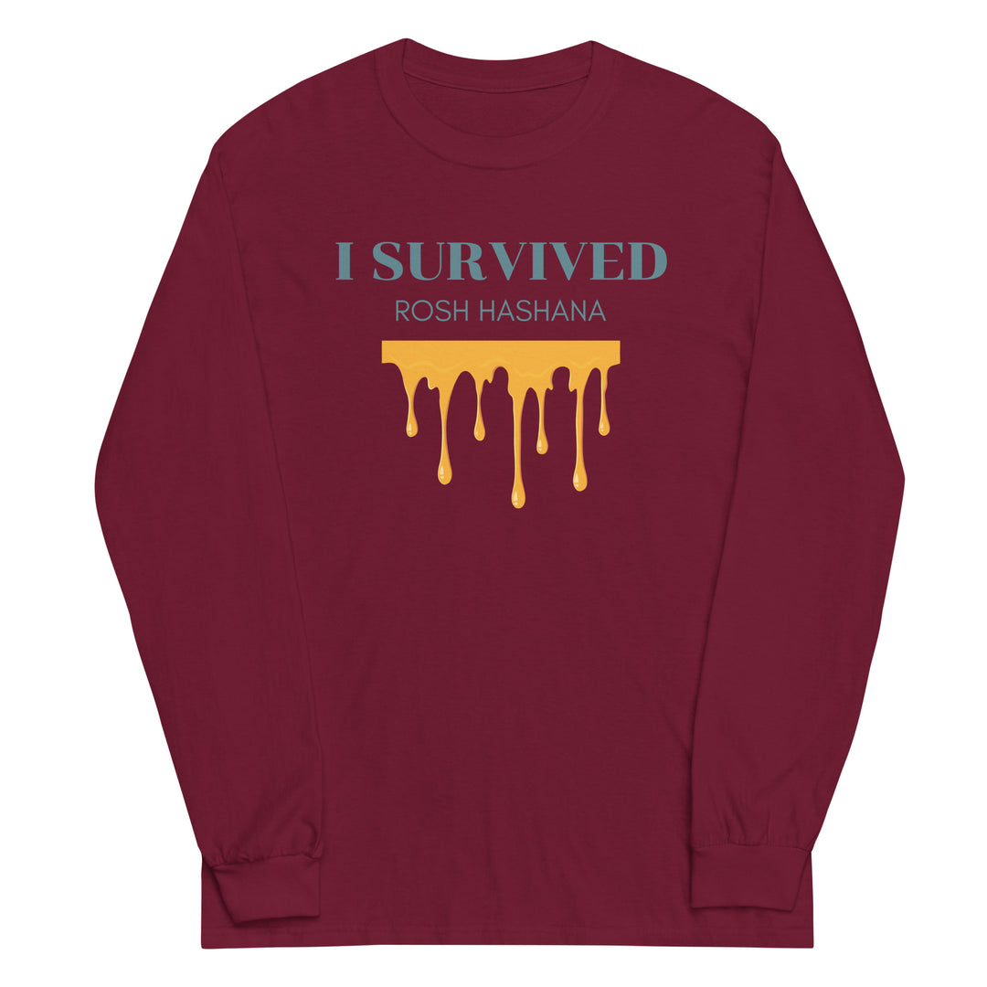 I Survived Rosh HaShana Jewish pride men’s long sleeve shirt in Maroon - close-up