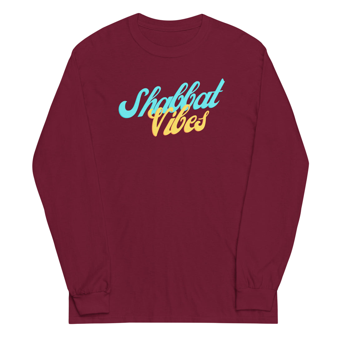 Shabbat Vibes Jewish pride men’s long sleeve shirt in Maroon - close-up