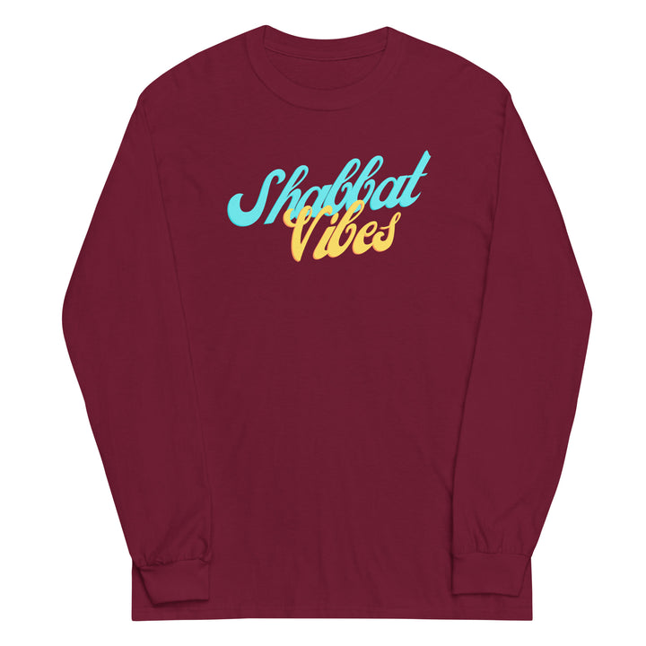 Shabbat Vibes Jewish pride men’s long sleeve shirt in Maroon - close-up