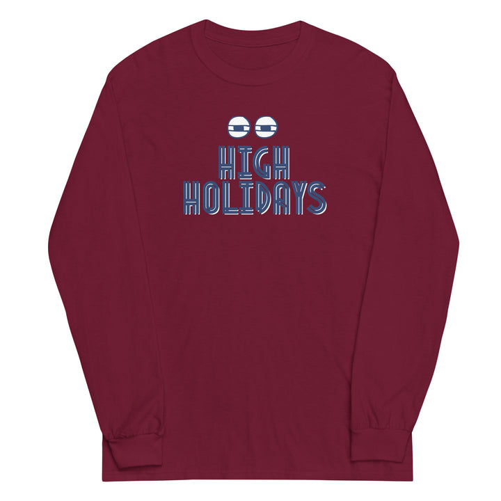 High Holidays Jewish pride men’s long sleeve shirt in Maroon - front view