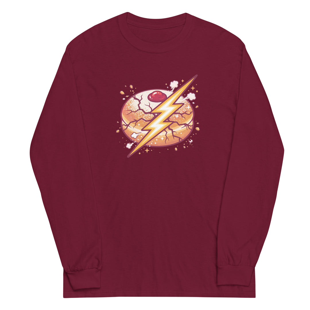 Sufganiyah Lightning Jewish pride men’s long sleeve shirt in Maroon - detail view