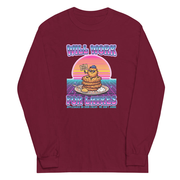 Will Work for Latkes 80s Jewish pride men’s long sleeve shirt in Maroon - detail view