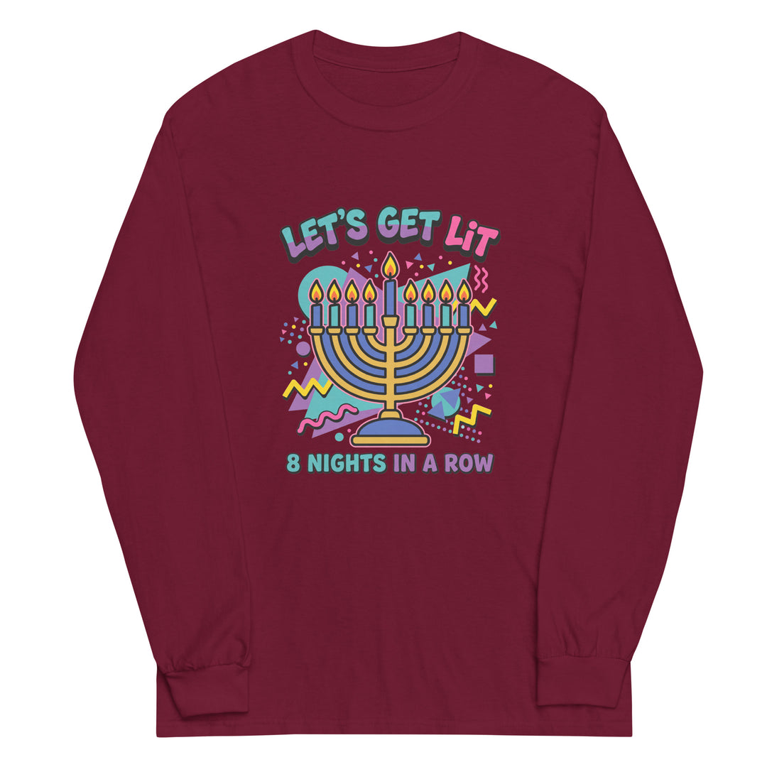 Lets Get Lit 90s Jewish pride men’s long sleeve shirt in Maroon - front view