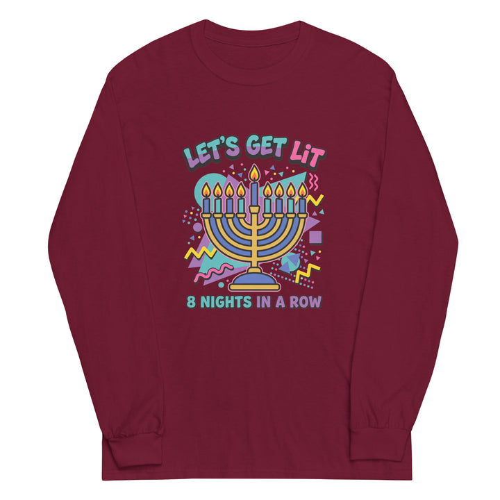 Lets Get Lit 90s Jewish pride men’s long sleeve shirt in Maroon - front view