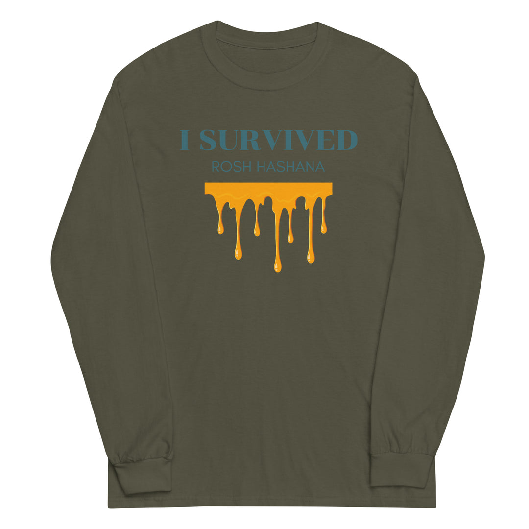I Survived Rosh HaShana Jewish pride men’s long sleeve shirt in Military Green - lifestyle shot