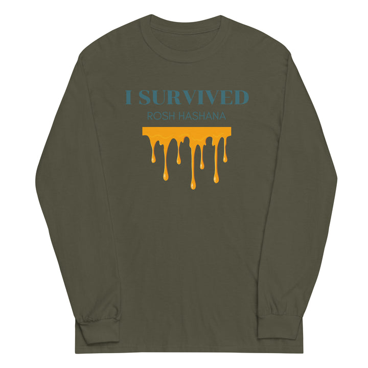 I Survived Rosh HaShana Jewish pride men’s long sleeve shirt in Military Green - lifestyle shot