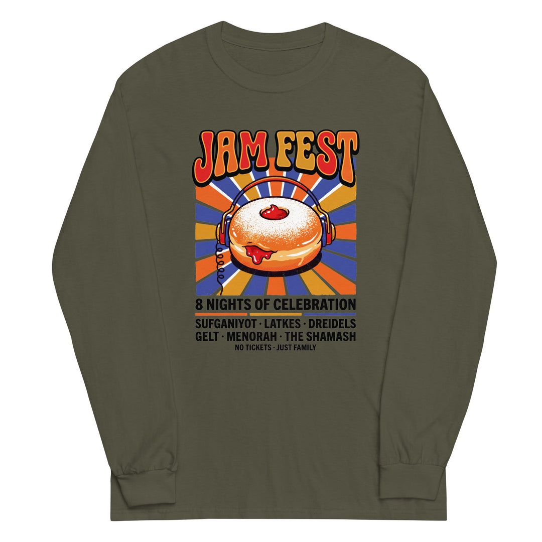 Jam Fest 8 Nights Jewish pride men’s long sleeve shirt in Military Green - detail view