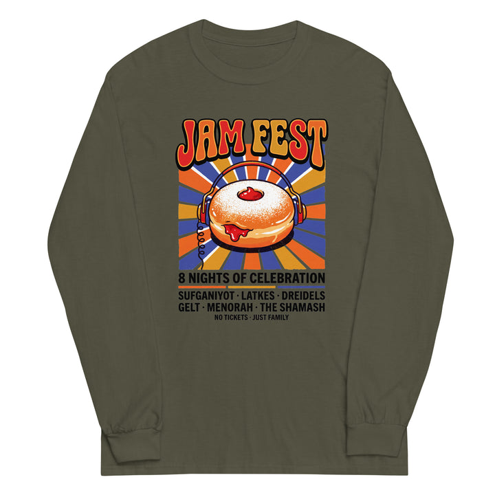 Jam Fest 8 Nights Jewish pride men’s long sleeve shirt in Military Green - detail view