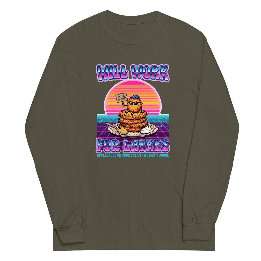 Will Work for Latkes 80s Jewish pride men’s long sleeve shirt in Military Green - lifestyle shot