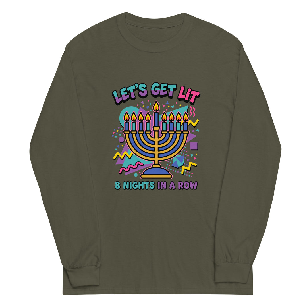 Lets Get Lit 90s Jewish pride men’s long sleeve shirt in Military Green - flat lay