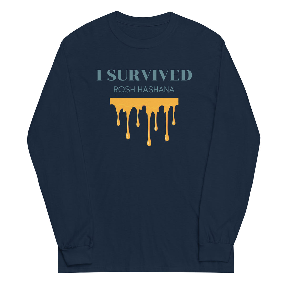 I Survived Rosh HaShana Jewish pride men’s long sleeve shirt in Navy - detail view