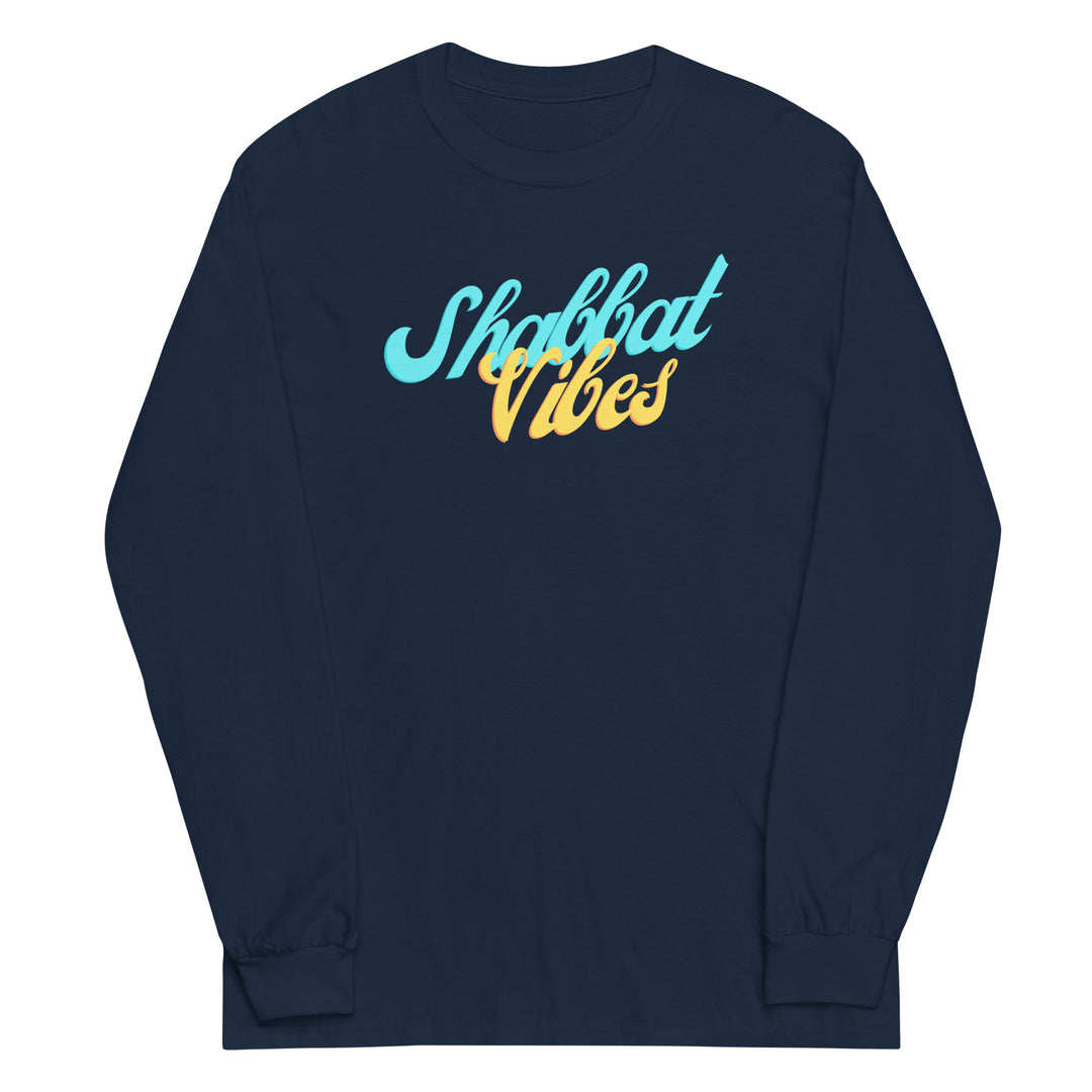 Shabbat Vibes Jewish pride men’s long sleeve shirt in Navy - detail view