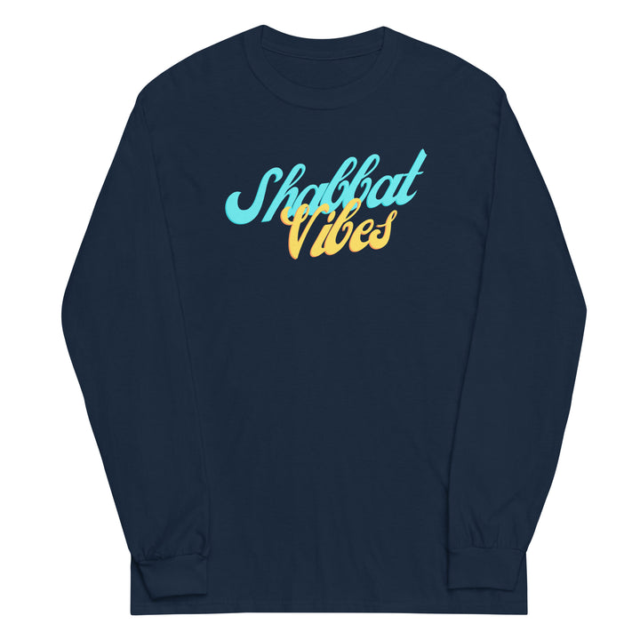 Shabbat Vibes Jewish pride men’s long sleeve shirt in Navy - detail view