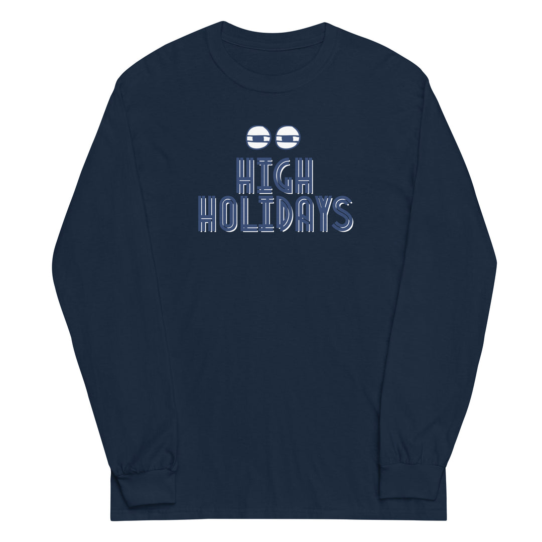 High Holidays Jewish pride men’s long sleeve shirt in Navy - detail view