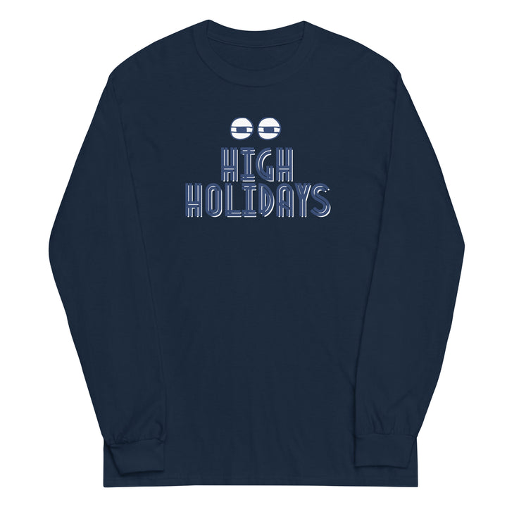 High Holidays Jewish pride men’s long sleeve shirt in Navy - detail view