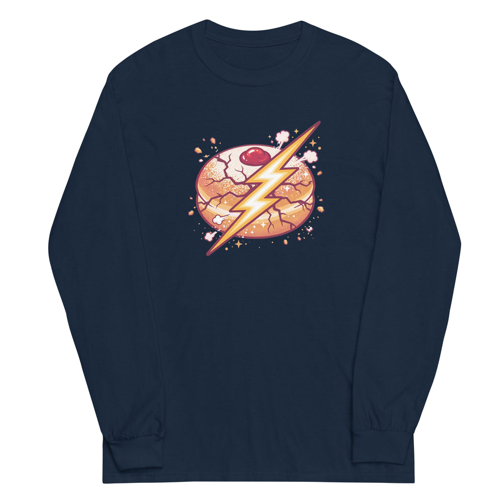 Sufganiyah Lightning Jewish pride men’s long sleeve shirt in Navy - back view
