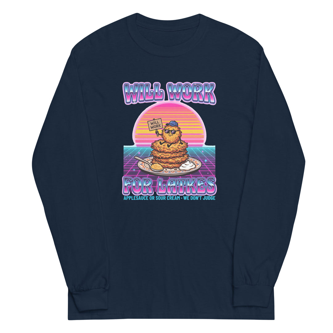 Will Work for Latkes 80s Jewish pride men’s long sleeve shirt in Navy - back view